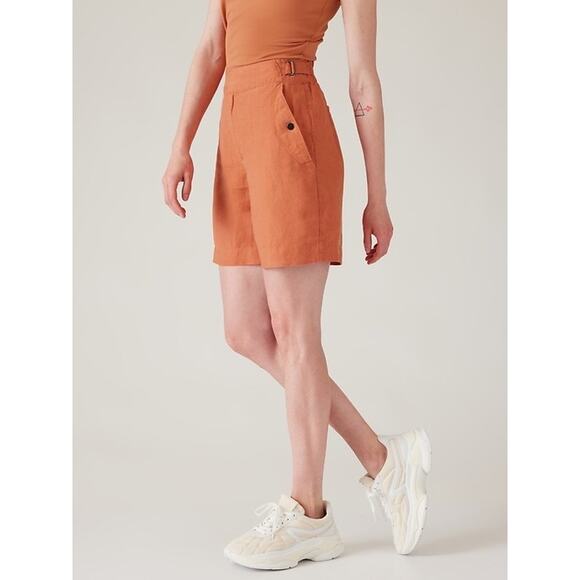 Athleta Voyager 100% Linen Shorts Orange Coral 6 Natural Fabric Travel Pockets - Picture 2 of 8